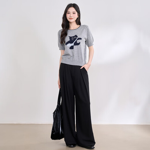 Xiyu Sweater delgado de manga corta para mujeres 2025 Summeres nuevos gatitos bordados Séteres cortos grises S (155)
