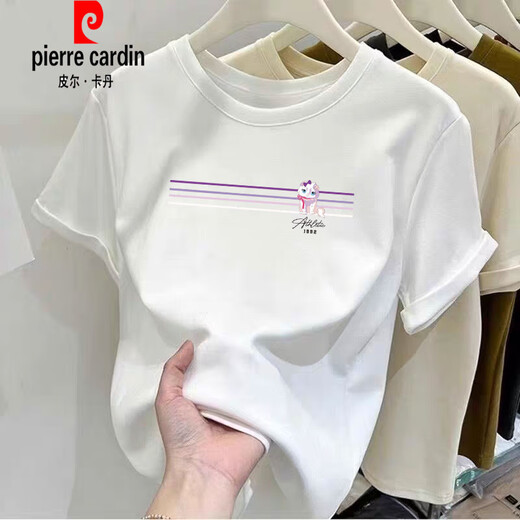 皮尔卡丹（pierre cardin）夏季2025新款棉质t恤女士短袖宽松正肩气质别致洋气粉色体恤上衣 6172灰粉 短袖 M (建议80-105斤)