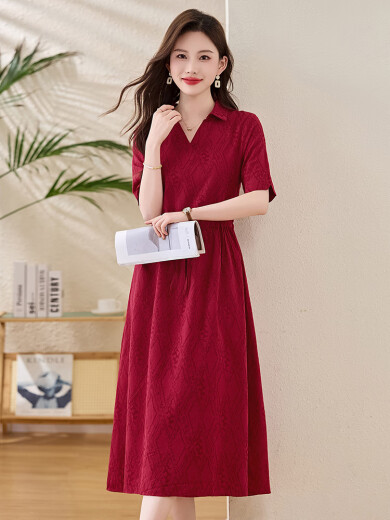 Vestido de marca de alta gama de lujo TJQ para mujeres 2025 Summer NUEVO estilo Camiseta de solapa informal Camiseta de la solapa informal Red Rojo L Sugerir 110-120Jin [Jin iguala 0.5 kg]