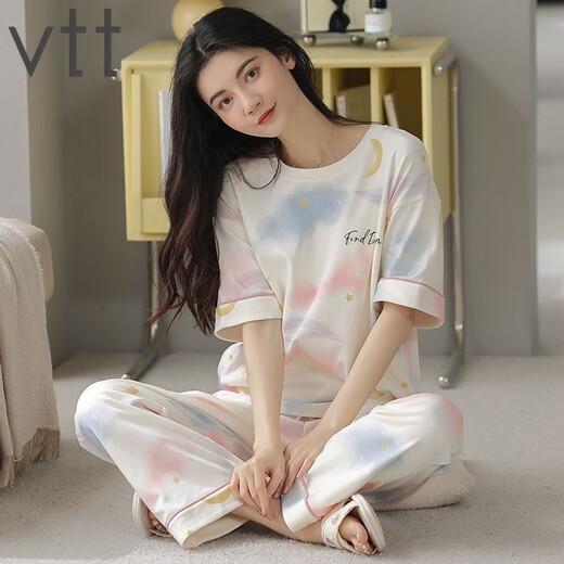 VTT睡衣女夏季纯棉短袖长裤薄款全棉夏天圆领家居服套装可外穿 V短袖长裤：YZT9721 M