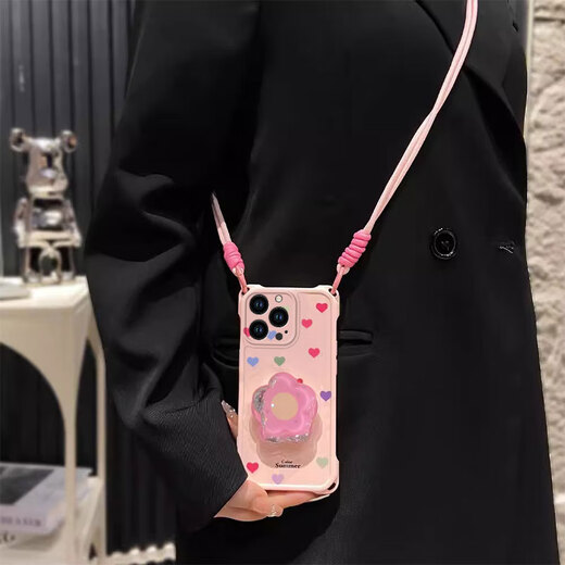 Xunxuan Lanyard à quatre coins adapté à Apple 16 Case de téléphone mobile iPhone 15 Promax Nouveau IP14 Color Love 13 Niche 12 support 11 mignon 8Plus anti-Fall 6 Case de protection 7p F3883 Color Love (rose) iPhone 15