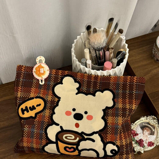 Cosmetic bag, portable large-capacity retro plaid storage bag, stylish travel and outing toiletry bag, coffee puppy storage bag