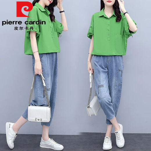 Pierre Cardin Versión europea Camisa para mujeres 2025 Summer NUEVO bolsillo Drawstring Loose Korean Version Versión de tendencia Jeans Jeans Jeans Traje 1429 Navy Blue M (recomendado 100 Jin [Jin iguala 0.5 kg])