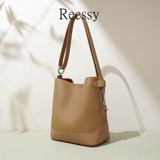 Reessy Luxustasche Damen Eimertasche 2025 neue große Kapazität modisches einfaches Litschi-Muster Einzelschulter-Umhängetasche Milchtee (exquisite Geschenkbox)