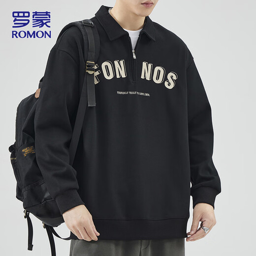 ROMON sweatshirt men's spring and autumn casual heavy lapel jacket men's loose long-sleeved top black XL