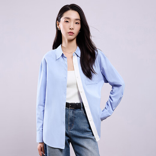 Chuyu Shirt Women's 2025 Autumn New European Style Multi-Color Bottoming Shirt Pure Cotton Versatile Top Sky Blue M