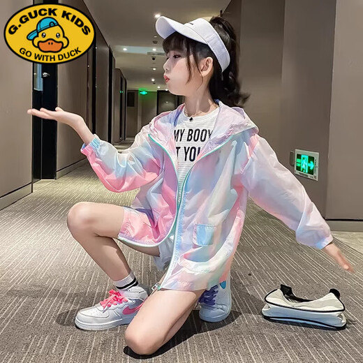G.DUCKKIDS Girls' Sun Protection Clothing 2024 New Lightweight Air Conditioning Shirt Western Style Korean Style Sun Protection Clothing for Large Children 13 Years Old Color Striped Sun Protection Clothing 160 cm (160cm)