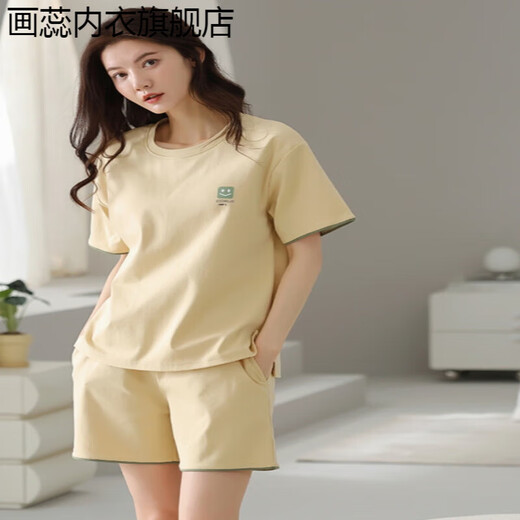 画蕊睡衣女款夏季纯棉短袖短裤简约休闲薄款女士家居服套装 9855 均码 M码建议75-100斤穿