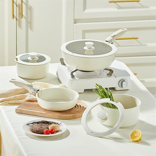 CaROTE detachable handle pan non-stick frying pan frying pan milk pan stacked pot household pot set three-piece set handle detachable wok induction cooker