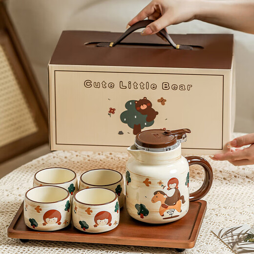 Teacher's Day gift from Wanjiaquan, female teacher's wedding gift, complete tea set for newlyweds, engagement, housewarming and moving gift, Trojan tea set, 1 pot, 4 cups, 1 tray