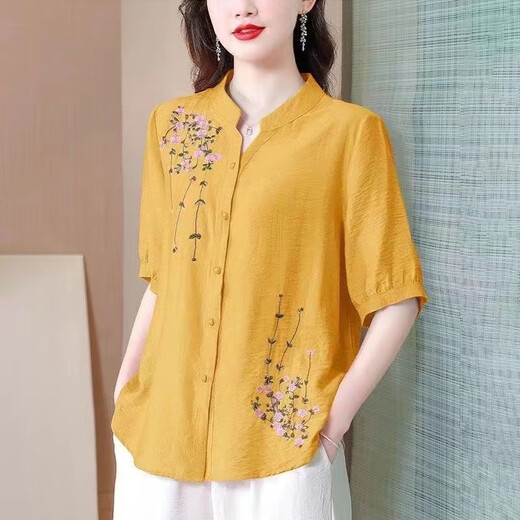 锦人初夏季中袖棉麻上衣女2025新款国风刺绣女士衬衫妈妈装宽松亚麻小衫 玫红-694 均码 m约108斤内