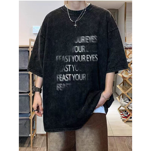 Camiseta de algodón de algodón puro de algodón puro de peso puro opeody americano para hombres sueltos de la marca suelta de verano de verano y camiseta antigua alas mangas [250g de algodón puro] x1416-negro 4xl
