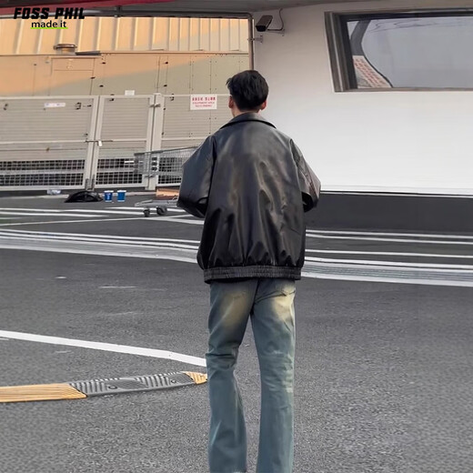 Foss Phil leather jacket men's autumn and winter retro pu leather jacket casual lapel solid color top Q2499 black L