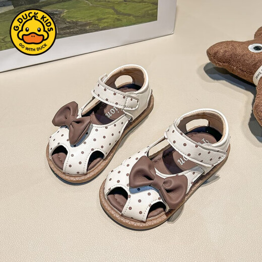 G.duck Little Yellow Duck Girls Sandals 2025 Summer New Children's Baotou Hollow Girls Baby Polka Dot Princess Boken Shoes Off-White 22
