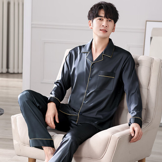 Le pyjamas de style Victoria Men's Ice Silk Spring and Summer Minure à manches longues fraîches peut être portée à l'extérieur pour l'âge moyen et l'imitation de la soie de la soie
