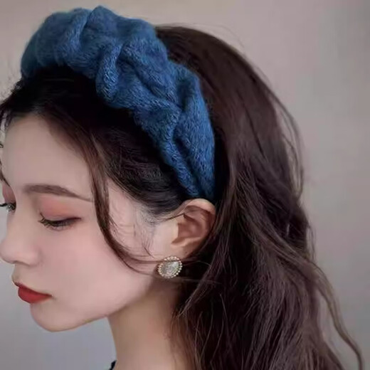 High-ceiling Klein blue woolen hairband pleated women's wide-brimmed autumn and winter new temperament headband face wash hairpin hair accessory_Klein blue