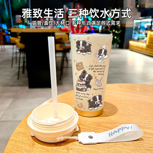 苏泊尔（SUPOR）保温杯女士高颜值2025新款开心小狗不锈钢学生专用咖啡杯手拎便携 DX1047蝴蝶结墨猫+配挂绳 陶瓷内胆
