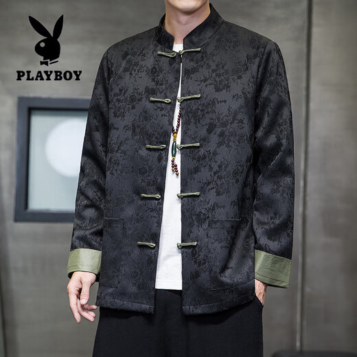 花花公子（PLAYBOY）新中式唐装男中国风秋冬季长袖夹克复古盘扣汉服宽松大码男士外套 Y756黑色 M 100-120斤