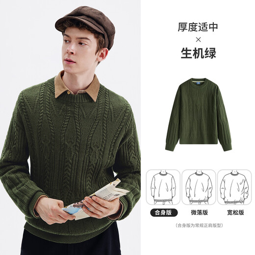 Navigare Italian Small Sail Fashion Cable Wool Sweater Men's 2025 Autumn and Winter New Comfort Bottoming Shirt Round Neck Sweater Vibrant Green L