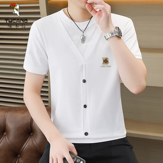 Woodpecker (TUCANO) new V-neck short-sleeved T-shirt for men in summer trendy thin buttons for men's fake two-piece mercerized cotton top 5588-6623 gray XL 120-135Jin [Jin equals 0.5 kg]