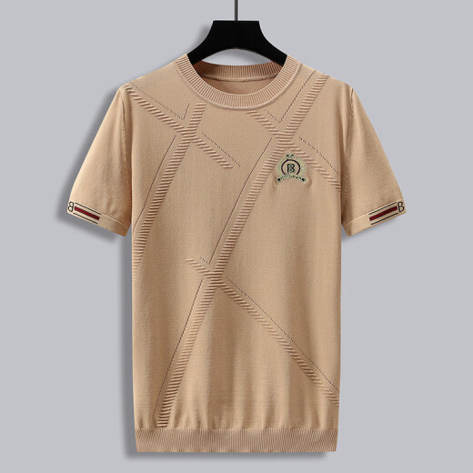 
Walker Shop brand men's short-sleeved T-shirt men's new short-sleeved knitted ice silk slim high-end round collar clothes high-end men's clothing 1518 black 3XL /185