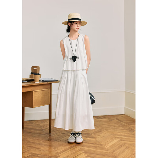 Zihan (ZIHAN) Zihan white round neck sleeveless pleated babydoll high waist pleated long skirt two-piece suit for women 2025 summer new style white S
