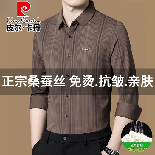 Pier Cardin High-de gamme authentique en soie de mûrier authentique à manches à manches longues pour le printemps et l'automne, New Casual Striped Ferred Business Slim Shirt Z699-Blue (haut élastique, respirant, résistant à l'usure) L 170 Recommandé 115-130jin [Jin est égal à 0,5 kg]