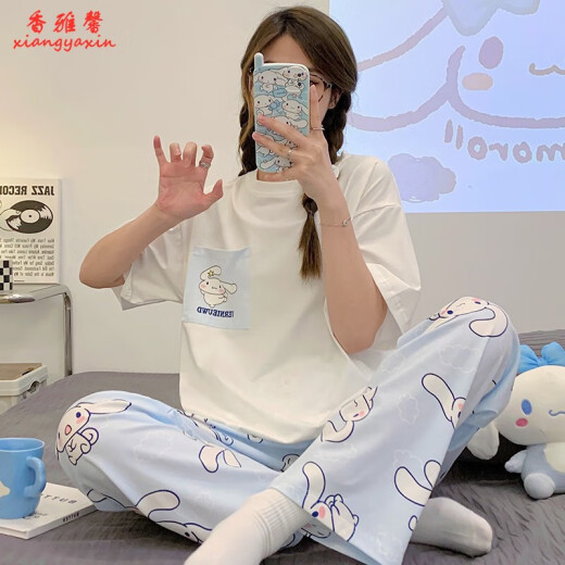 KNFN睡衣女2024年新款夏季纯棉短袖长裤薄款韩版宽松可外穿家居服套装 6625爱心小熊 M 码80-100斤