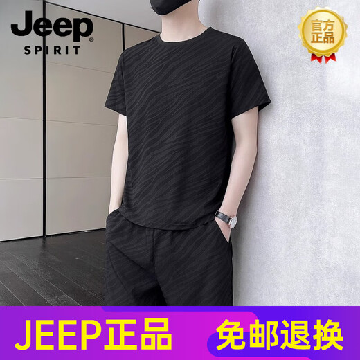 JEEP SPIRIT休闲运动套装男士2025年夏季潮流冰丝短袖短裤搭配一整套 718黑色 XL 【121-140】