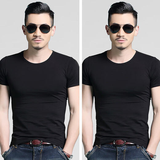 2 pieces of men's short-sleeved T-shirts slim fit summer half-sleeved black and white pure white tight-fitting bottoming shirt trendy brand QM round neck black + round neck army green XL 130-145Jin Jin equals 0.5 kg