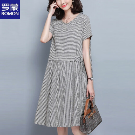 罗蒙（ROMON）棉条纹仿麻连衣裙女夏2025新款 宽松显瘦a字裙系带休闲中长裙子 粉色 M 85-100