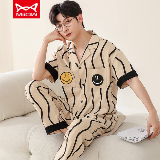 Catman MIIOW men's pajamas summer pure cotton short-sleeved trousers spring and summer thin simple large-size cardigan home clothing set:An693 L men