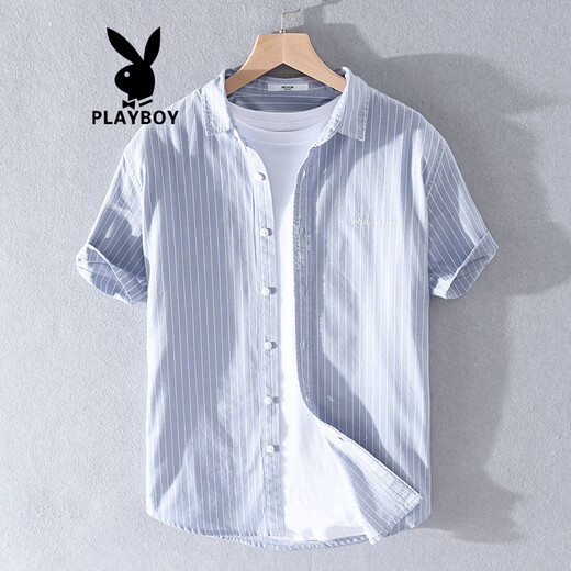 花花公子（PLAYBOY）夏季纯棉日系新款休闲短袖衬衫条纹免烫帅气男士衬衣服 9738浅蓝条纹 XL 130斤左右