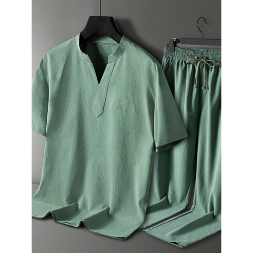 Langsha Pajamas Men's Men's Summer d'âge moyen d'âge moyen à manches courtes mince Été Cool grande taille style masculin peut porter des vêtements à la maison Suit 9906 Gris-bleu [short à manches + shorts] Suit 2xl [120-135Jin [Jin est égal à 0,5 kg]]]