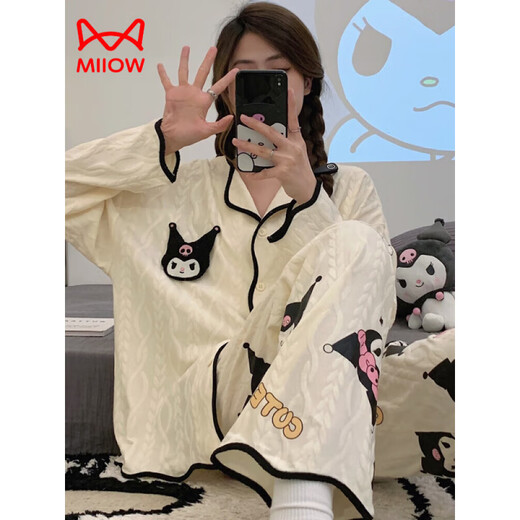 
MIIOW KING Catman Elvis pure cotton pajamas for women Spring and Autumn New Long Sleeve Trousers Loose Cardigan Sweet Cartoon Cute Home Clothing Set 9207 Dingdang Cat M [Suggested 80-100Jin [Jin equals 0.5 kg]]