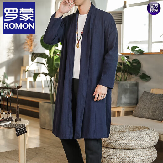 ROMON Chinese Hanfu long cloak youth robe thin Zen style coat cloak retro windbreaker cloak for men black L