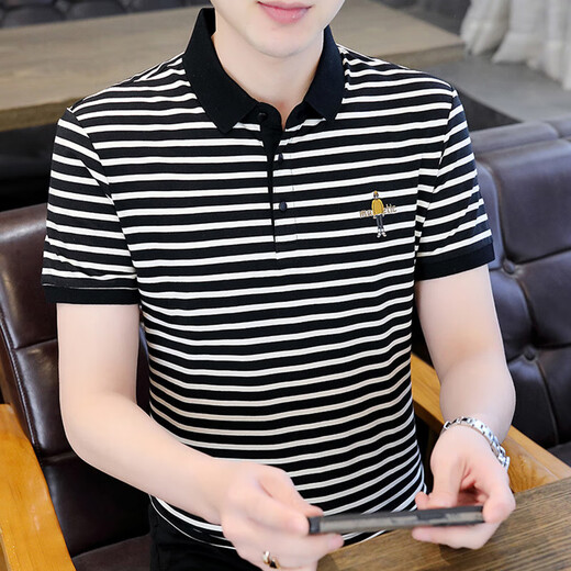 Hagan gestreiftes Polohemd Herren kurzärmeliges Polo-Hemd koreanische Stil Slim Ice Seidenhemd Sommer Trendy Brand Casual Sticked Shirt 6626 Grey XL (120135Jin [Jin Equals Equals Equals])