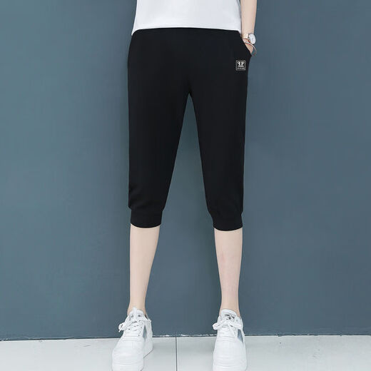 楠语秋（NANYUQIU）夏季七分裤女大码黑色显瘦棉中裤百搭弹力运动女裤短裤中年 黑色(九分裤693#) M