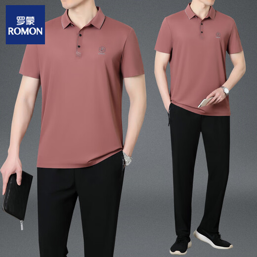 罗蒙（ROMON）爸爸夏装运动服套装新款男士短袖T恤中老年休闲冰丝衣服父亲节 墨绿（上衣+裤子）XTD9855 L (建议100-120斤)