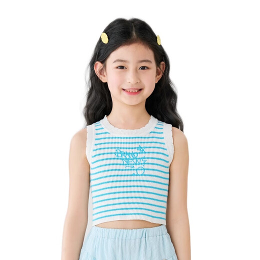 
moonkids children's clothing girls vest 2025 summer new children's striped knitted sleeveless top girls dopamine suspenders 19122 blue vest + 15268 blue wide-leg pants 170 cm