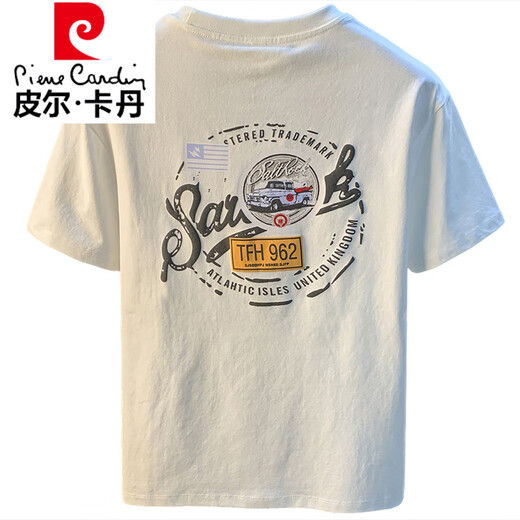 皮尔卡丹（pierre cardin）白色T恤男夏季新款高端潮流印花t恤美式轻奢新疆棉舒适短袖T恤衫 香槟色 【JSW9906香槟色】 M 适合90-108斤穿