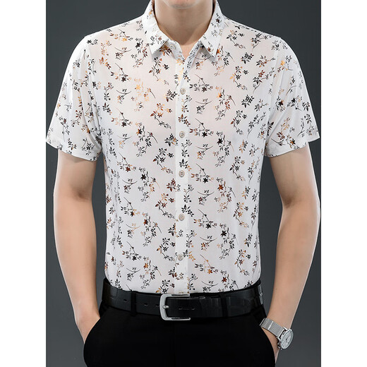 
Seven Wolfs (SW1960) 25 summer new men's short-sleeved shirt ice silk thin printed shirt fashion trend casual daddy top 9898 gold 2XL 180