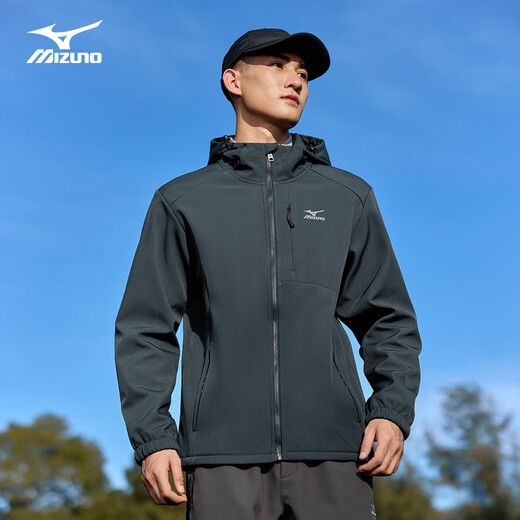 Mizuno Outdoor Soft Shell Jacket Men's Velvet Hooded Mountaineering Casual Windproof and Waterproof Versatile Top Jacket Dark Gray L