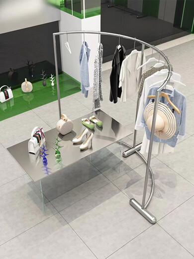 服装店展示架弧形中岛架货架落地新款不锈钢半圆男挂衣服架子 长150*高15051粗底座