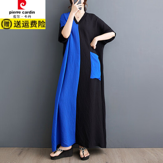 皮尔卡丹（pierre cardin）胖MM薄棉麻印花拼接遮肚显瘦v领短袖撞色长款连衣裙 9856#蓝色拼接 均码 大100-200斤