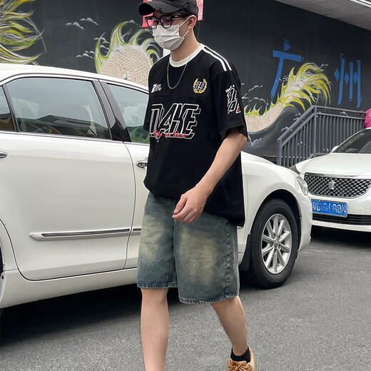 迪伽达美式水洗复古蓝牛仔短裤男夏季新款街头休闲阔腿宽松直筒五分裤 TVFS-826复古蓝 L