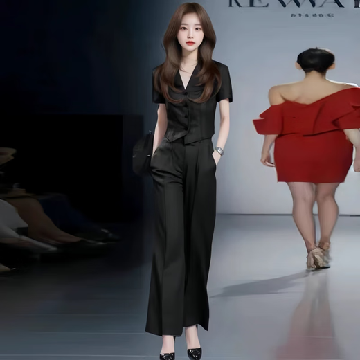 忻依美时尚气质西装套装女2025夏季新款洋气显瘦V领上衣阔腿裤两件套 粉色【短袖长裤】 M 【体重101-110斤】