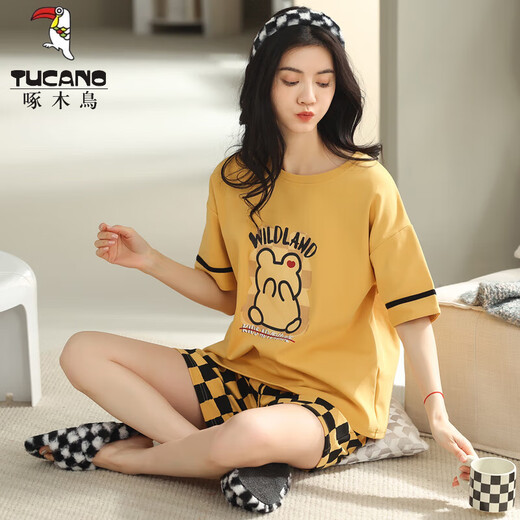 啄木鸟（TUCANO）夏季女士短袖全棉格子睡衣套装夏天纯韩版家居服可外穿卡通 Y9848 M (建议75-95斤)