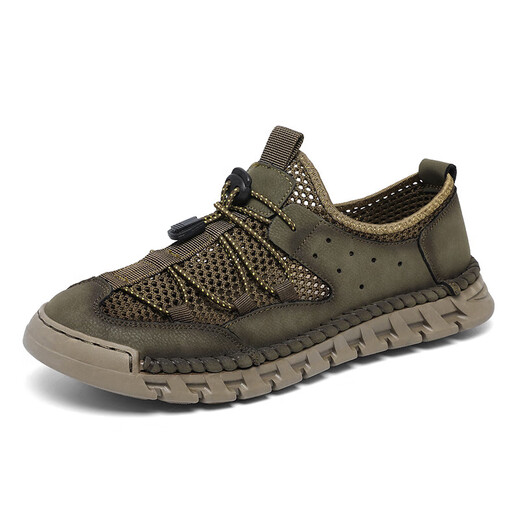 
Microfiber leather sandals men's French leather shoes for spring and summer new genuine leather hollow hole shoes soft sole casual beach shoes for men khaki [Microfiber leather A681] 46