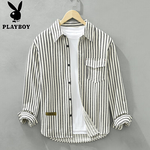Playboy (Playboy) Langarmiertes gestreiftes Hemd für Jungen lässige Baumwollhemd Frühling und Herbst neue trendige und modische Teenie-Denim-Jacke 6625 Grün 3xl